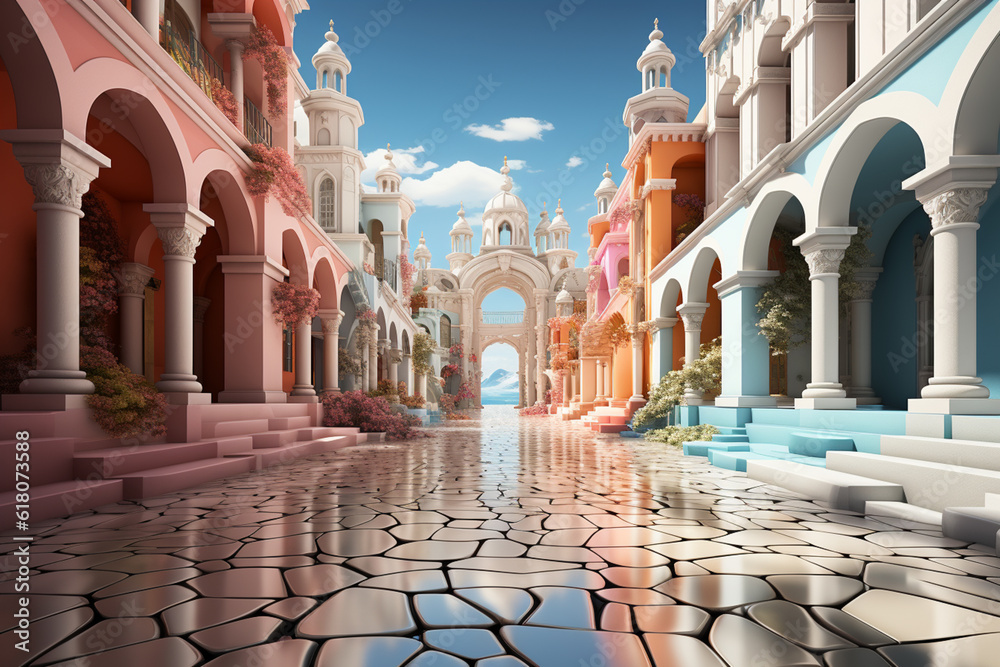 Poster roman colonnade, utilizing abstract geometric forms, lines, and colors to create a contemporary and 