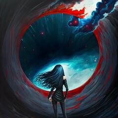 high details very wide view into space a chaotic massive black hole black center red border is swallowing a planet a girl on the planet is looking at it long black and blue hair black leather jacket  - obrazy, fototapety, plakaty