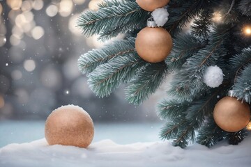 Christmas tree and Christmas decorations on the snow. Ai generative.