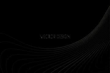 Vector abstract black premium background with golden curved deformed stripes, lines. Modern luxurious elegant backdrop in dark color for exclusive posters, banners, invitations, business cards.
