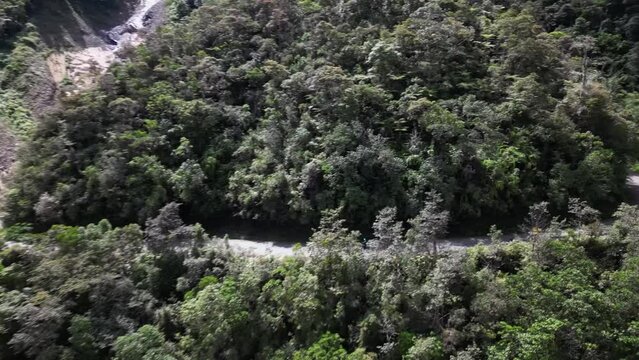 Drone footage over a road on hills between lush forest pn a sunny day