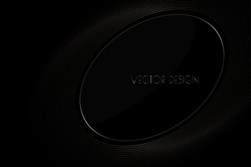 Vector abstract black premium background with golden oval frame. Modern luxurious elegant backdrop in dark color for exclusive posters, banners, invitations, business cards.