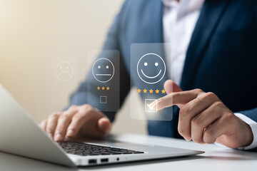 User give rating to service experience on online application, Customer review satisfaction feedback survey concept, Customer can evaluate quality of service leading to reputation ranking of business.