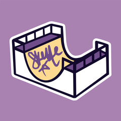 Sticker of a ramp in a skatepark with graphics. Vector icon or illustration. Simple cartoon trendy simple hand drawn doodle, print. Urban street sports culture, youth.