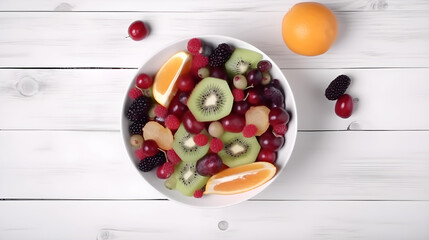 Naklejka na ściany i meble mix healthy fruit on white wood background top view created with Generative AI 