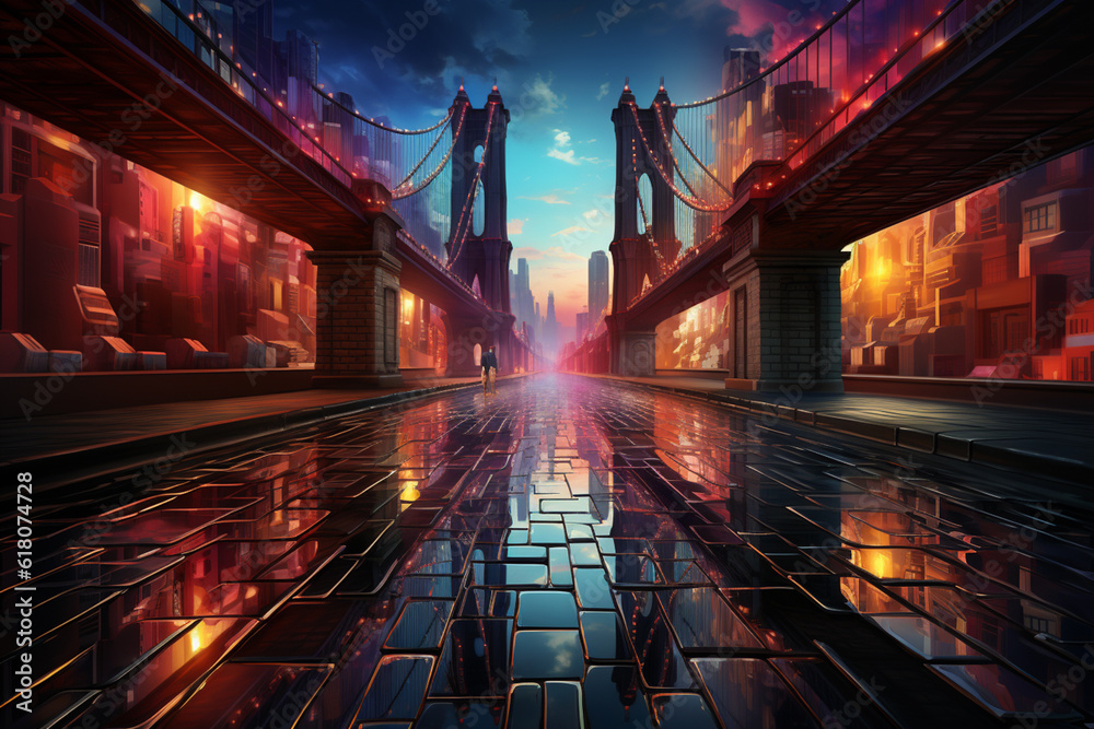 Poster an abstract photograph of the brooklyn bridge, focusing on its geometric lines, angles, and repetiti