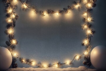 A rectangular frame of spruce branches and garland with bulbs. Ai generative.