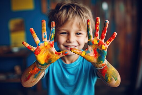 Happy child showing hands covered in paint after painting at art class. Generative Ai image