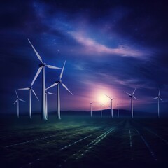 Many solar energy panels and wind turbines placed in green nature, night. Generative Ai.