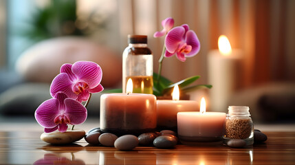 Obraz na płótnie Canvas spa setting with orchid and candles created with Generative AI 