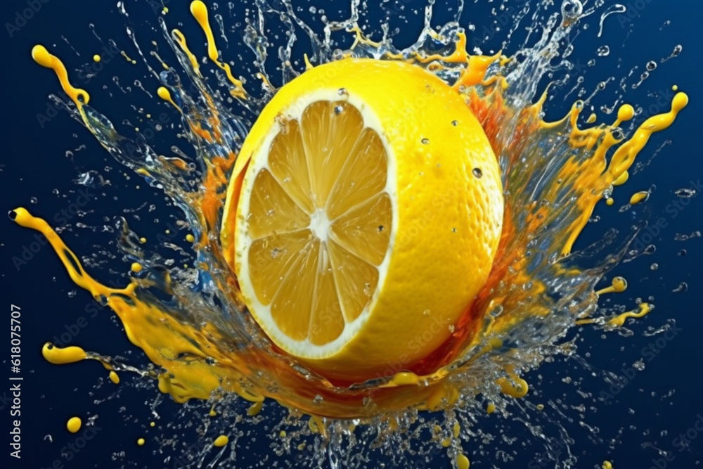 Aufkleber An abstract surreal photograph of a Lemon splashed in bright paint, symbolizing freshness and health. Generative AI technology.