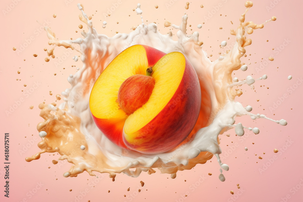 Aufkleber An abstract surreal photograph of a Peach splashed in bright paint, symbolizing freshness and health.  Generative AI technology.