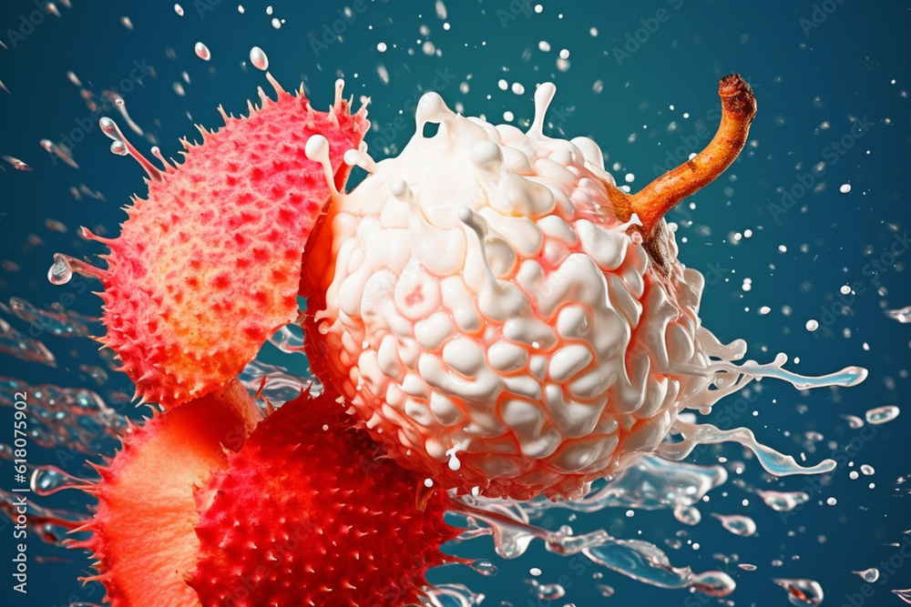 Poster An abstract surreal photograph of a Lychee splashed in bright paint, symbolizing freshness and health.  Generative AI technology.
