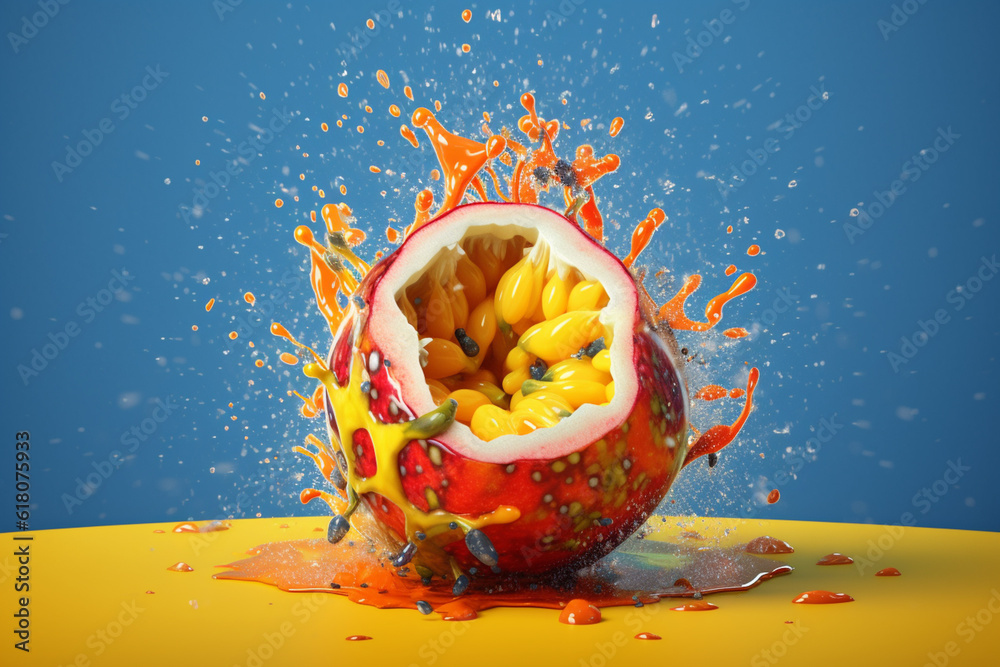 Poster an abstract surreal photograph of a passion fruit splashed in bright paint, symbolizing freshness an