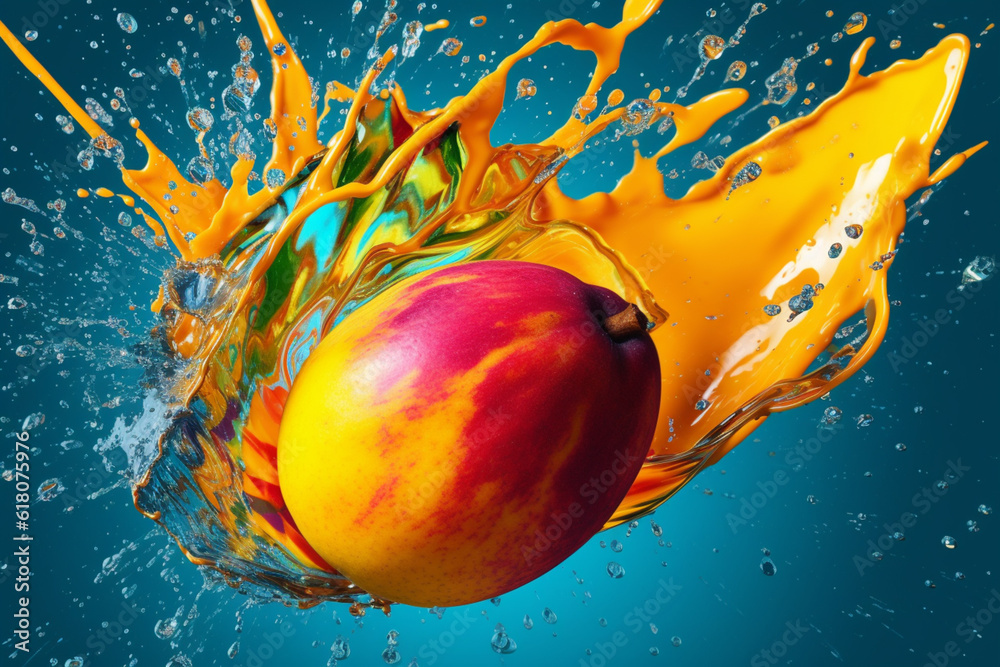 Poster an abstract surreal photograph of a mango splashed in bright paint, symbolizing freshness and health