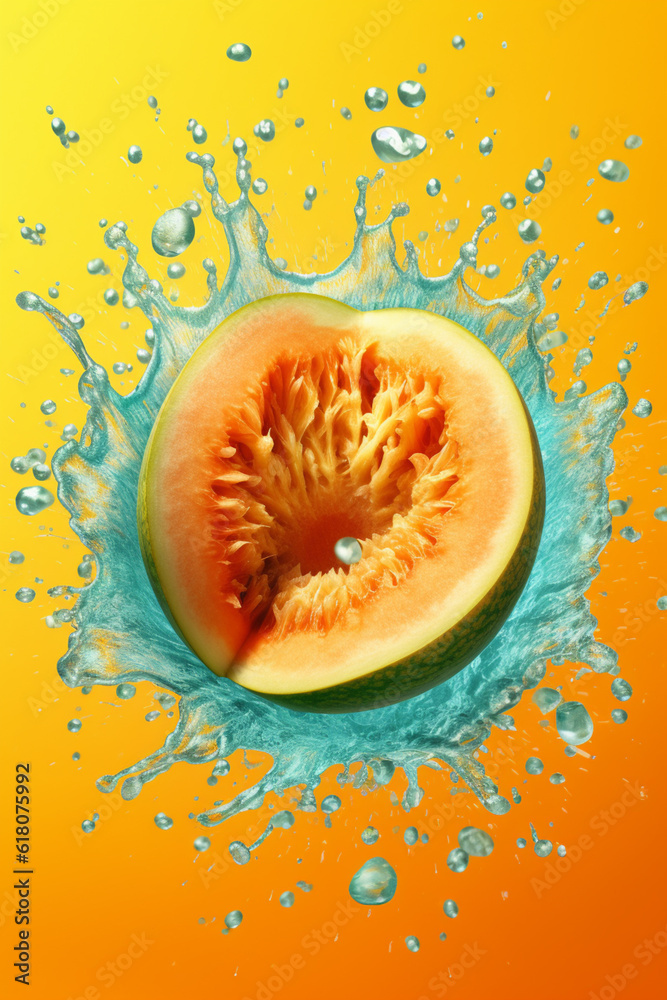 Poster An vibrant image of a Cantaloupe splashed in bright paint, symbolizing freshness and health.  Generative AI technology.