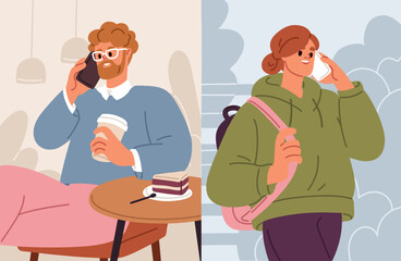 People talking on mobile phone. Couple conversation, dialogue, communication via cellphone call. Happy young man and woman friends speaking, chatting on smartphone, cell. Flat vector illustration
