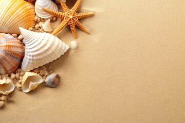Naklejka na ściany i meble Beachside Wonder. Top view Starfish and Seashells on Beach Background