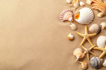 Fototapeta na wymiar Beachside Wonder. Top view Starfish and Seashells on Beach Background