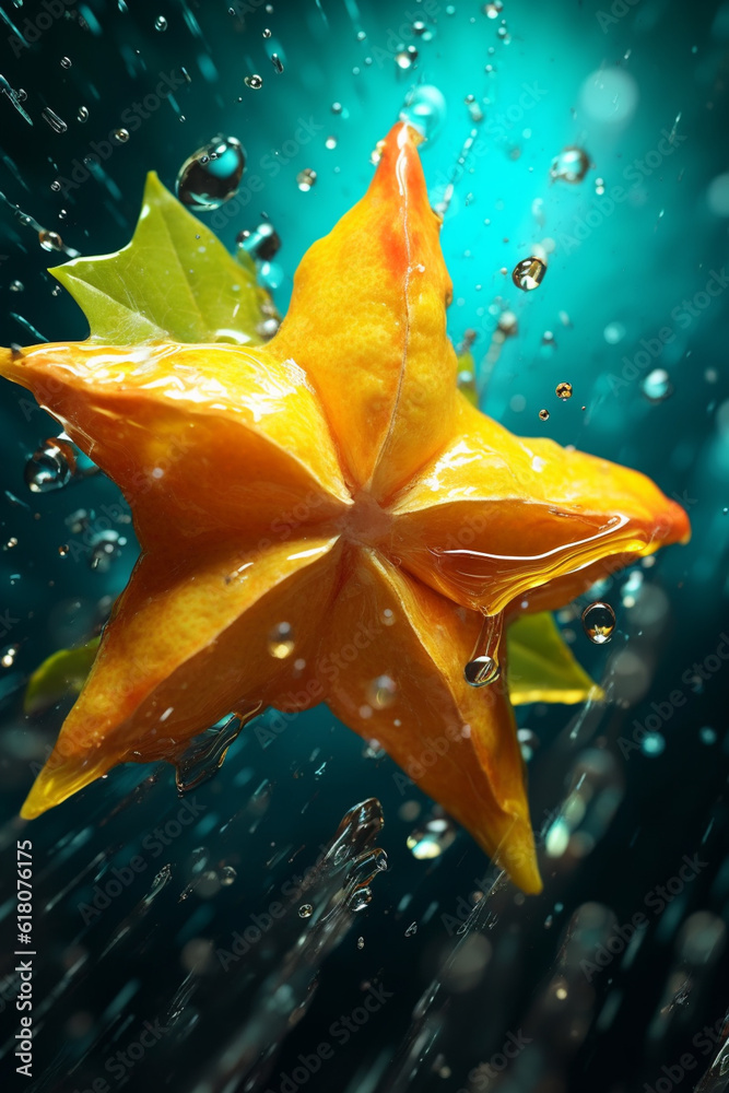 Poster an vibrant image of a star fruit splashed in bright paint, symbolizing freshness and health. generat