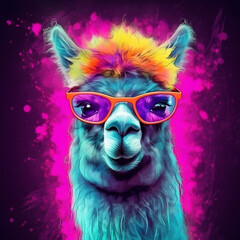 AI-Generated Artwork featuring a Playful Llama/Alpaca donning Sunglasses in a Colorful Setting