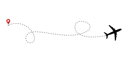 Airplane route. Airplane flight path with dotted line and dashed line. Vector