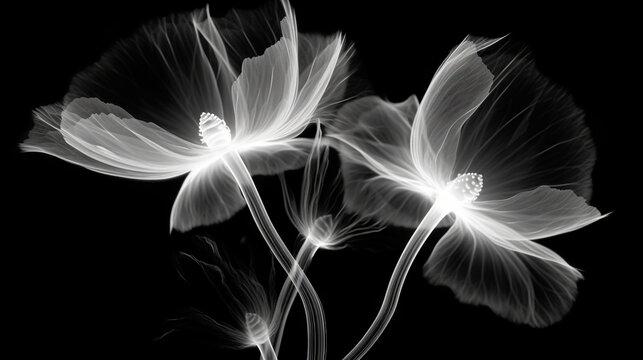 Monochrome x-ray image of a ethereal flower on black. Fantasy mystical blossom. Generative AI