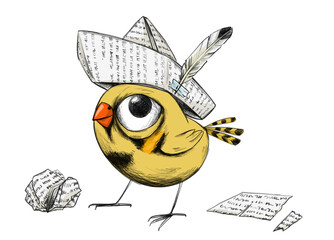 Bleistift Zeichnung von einem niedlichen gelben Vogel, der einen gebastelten Hut aus Zeitung mit einer Feder als Kopfbedeckung trägt - obrazy, fototapety, plakaty