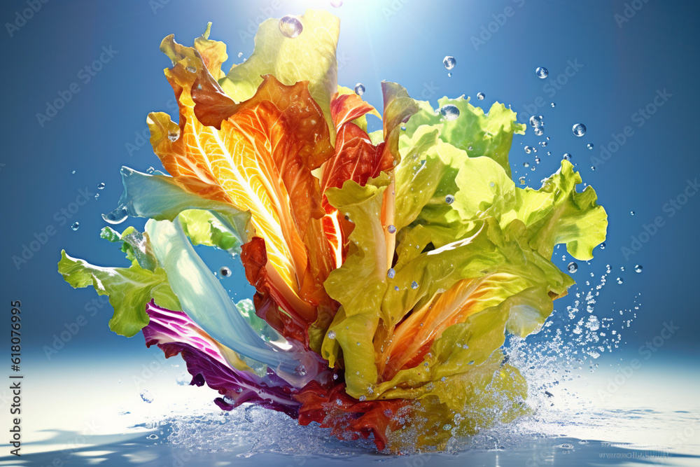 Poster an abstract surreal photograph of a wild lettuce (lactuca virosa) splashed in bright paint, generati