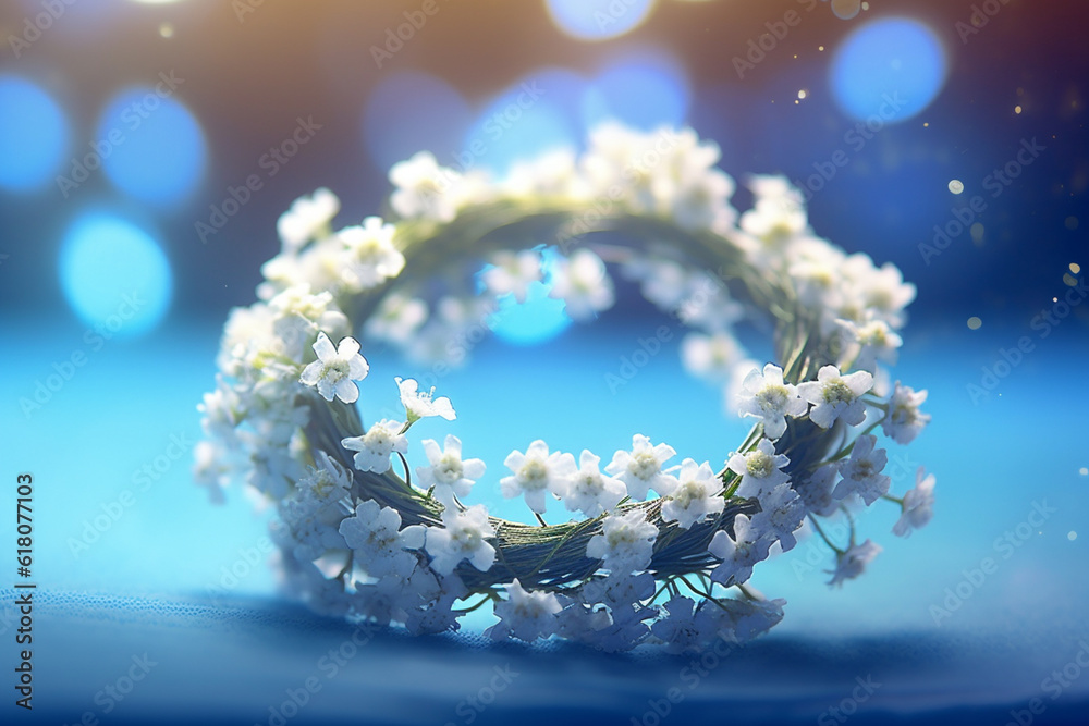 Poster an image of a flower crown made with delicate baby's breath, smooth elegant transparent fabric on br