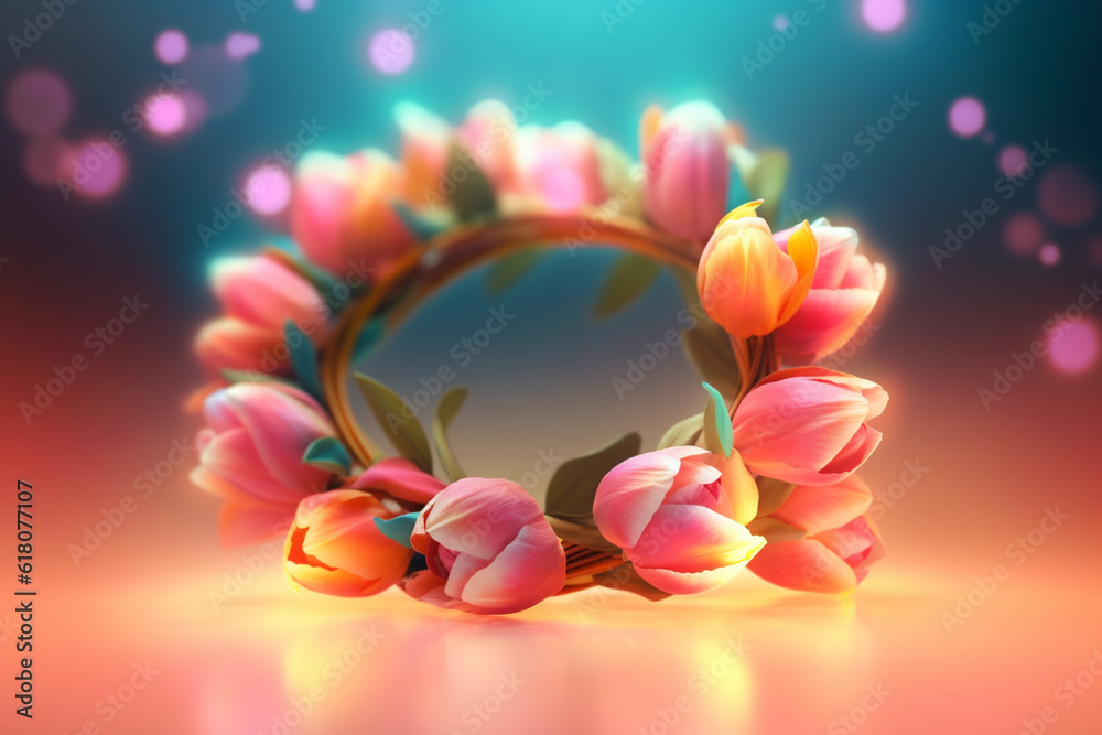 Aufkleber An image of a flower crown made with delicate Tulip, smooth elegant transparent fabric on bright bokeh background.  Generative AI technology.