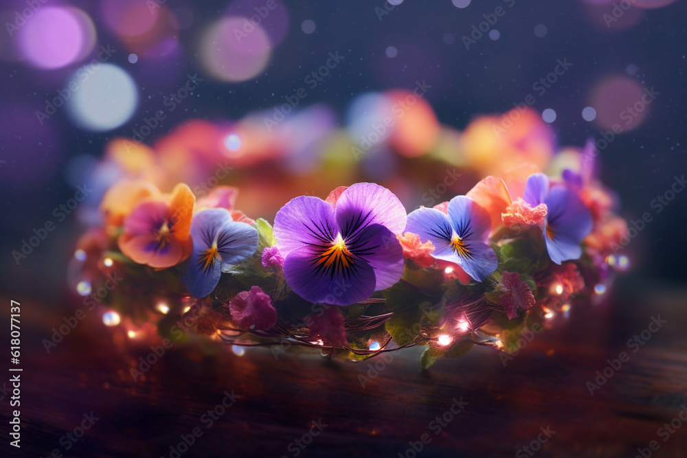 Poster an image of a flower crown made with delicate pansy, smooth elegant transparent fabric on bright bok
