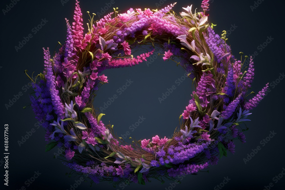 Poster an image of a flower crown crafted with vibrant purple lavender, exuding a calming and fragrant aura