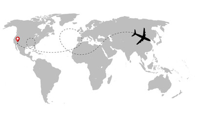 Fototapeta na wymiar Airplane paths vector on the world map. Aircraft tracking, aircraft silhouettes, location pins. Route flight line illustration