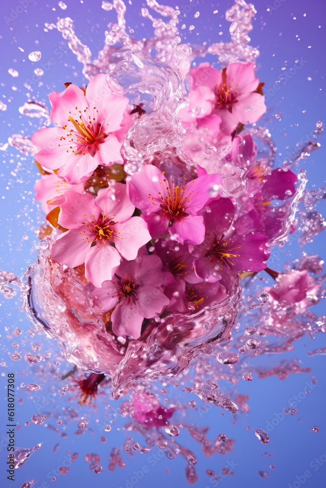 Poster An abstract surreal photograph of a Cherry blossom splashed in bright paint.  Generative AI technology.