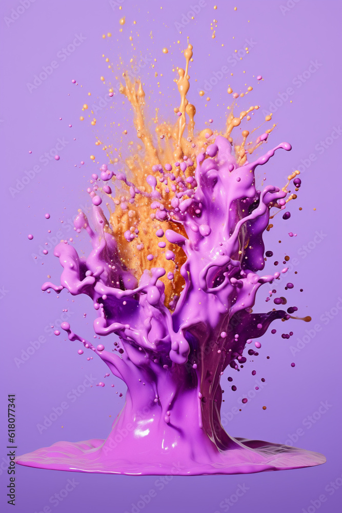 Poster An abstract surreal photograph of a Lilac splashed in bright paint.  Generative AI technology.