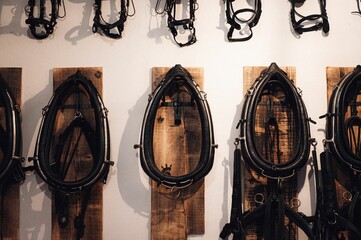 Wall display featuring a variety of horse bridles, each presented in their own wooden frame.