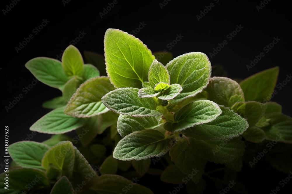 Poster a photo capturing the delicate leaves of oregano, with their distinctive aroma and characteristic sh
