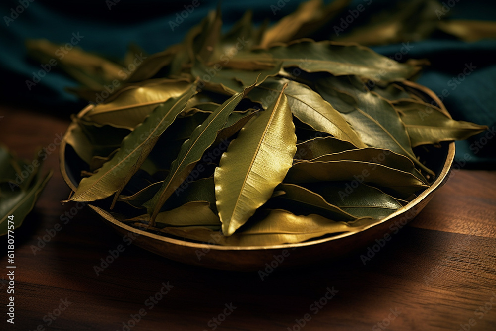 Poster an artistic image of dried bay leaves, showcasing their dark green color and distinctive shape. gene