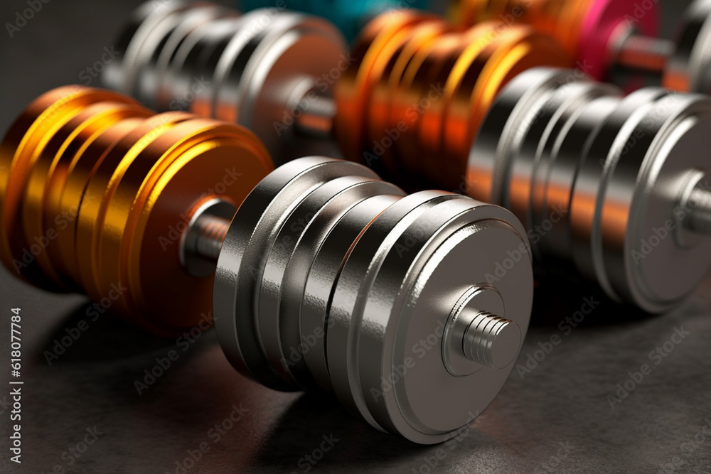 Poster A close-up shot of a set of dumbbells, known for their metallic construction and various weight options. Generative AI technology.