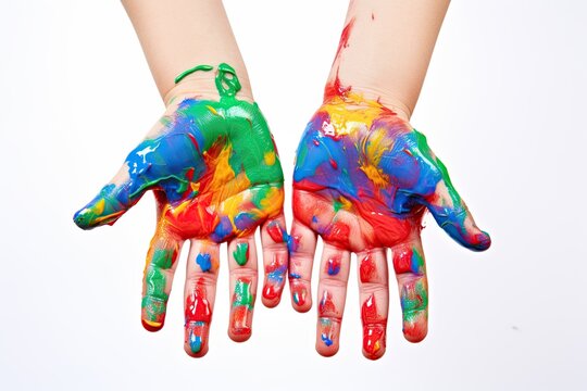 Child's hands coverred in paint. Generative Ai image