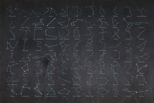 The 88 constellations drawn on a blackboard
