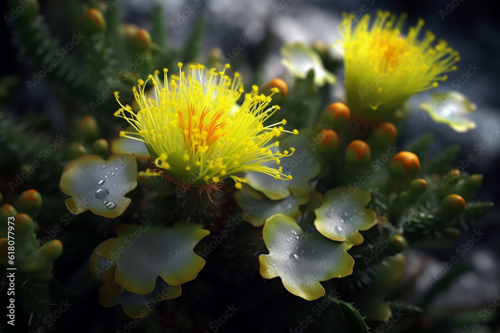 Poster a close-up shot of kanna (sceletium tortuosum), displaying its succulent leaves, small yellow flower