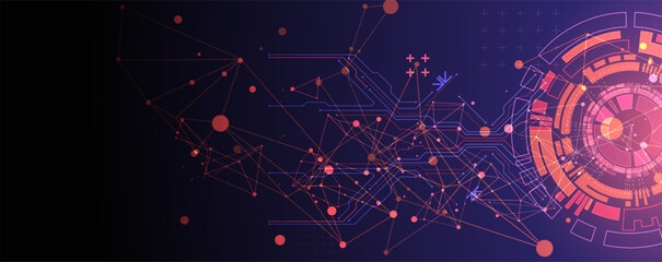 Abstract background with plexus effect. Scientific and technological concept with the use of technical elements formed in the shape of a circle.