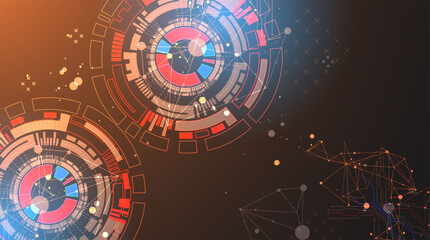 Abstract background with plexus effect. Scientific and technological concept with the use of technical elements formed in the shape of a circle.