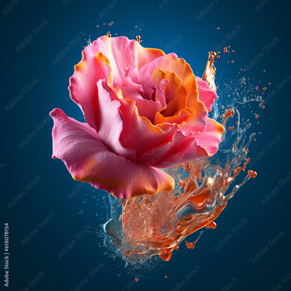 Poster An abstract surreal photograph of a Rose quartz splashed in bright paint. Generative AI technology.