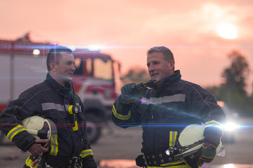 Fireman using walkie talkie at car traffic rescue action fire truck and fireman's team in...