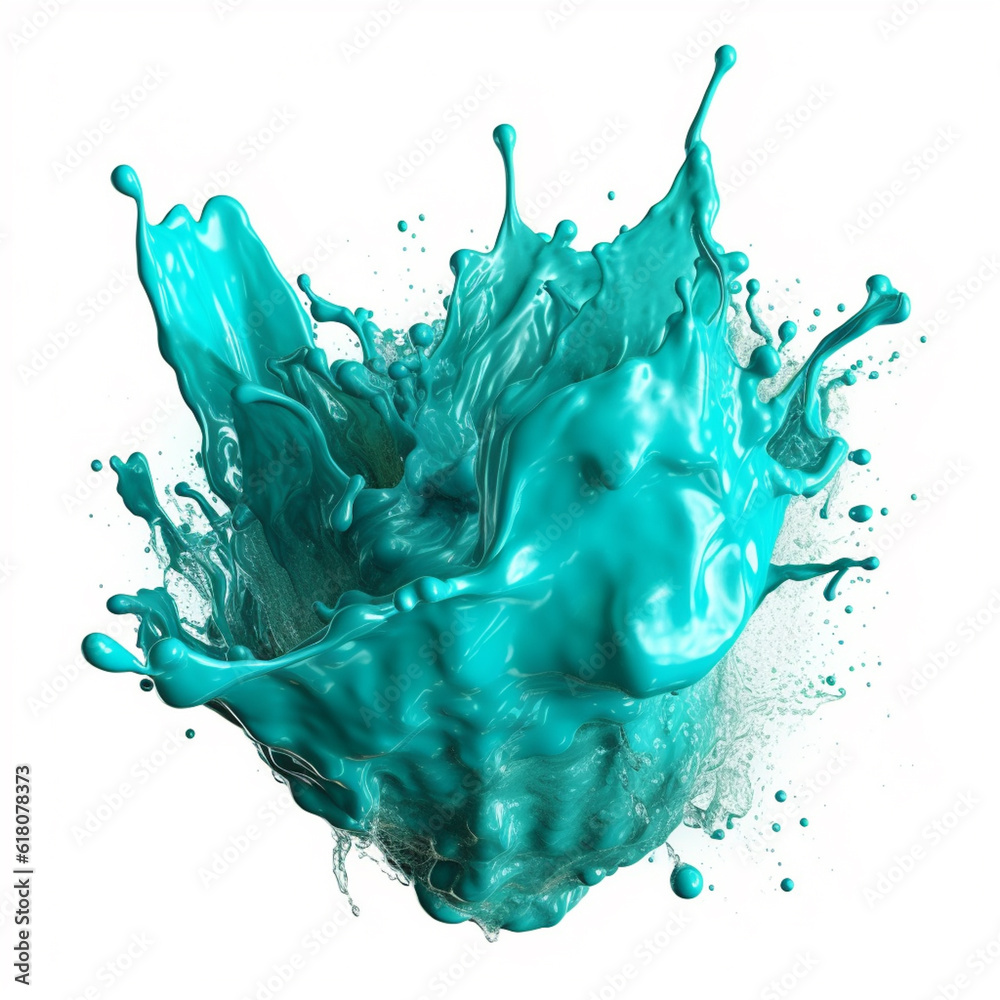 Poster an abstract surreal photograph of a turquoise splashed in bright paint. generative ai technology.