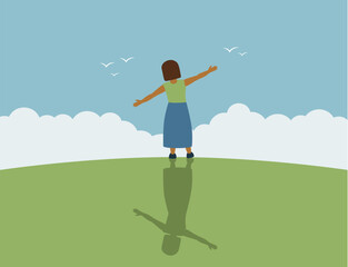 little girl dream about flying with birds in the sky vector illustration EPS10