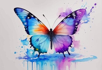 Fototapeta na wymiar Watercolor Animal Illustration with Beautiful Colorful Butterfly on White Background. Aquarel Painted Style Zoo Wallpaper Design for Banner, Poster, Invitation or Cover.